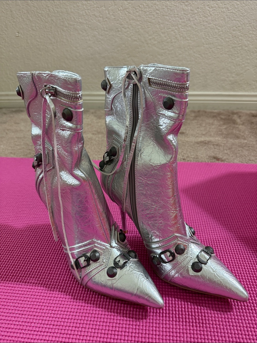 Metallic Silver Pointed-Toe Ankle Boots
